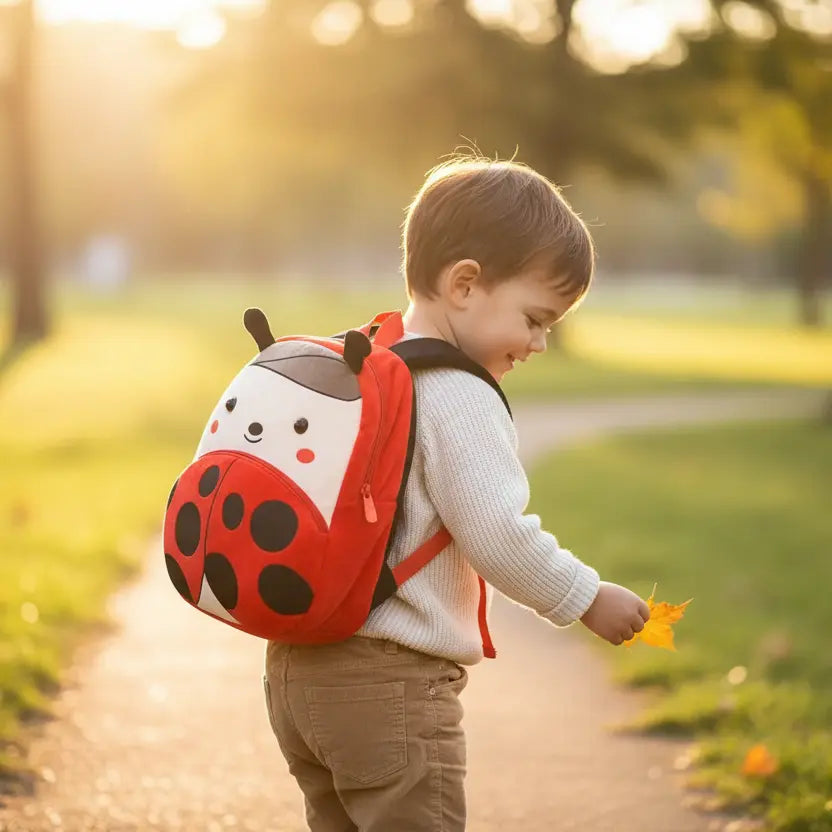 Sac à dos maternelle en peluche coccinelle porté par un enfant en extérieur