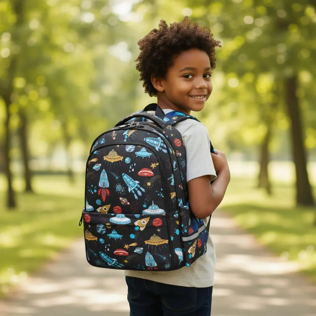 garçon portant un sac à dos noir à motifs de fusées et planètes en marchant dans un parc