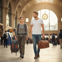 Homme et femme avec sac de voyage et sac de randonnée dans une gare avant un départ