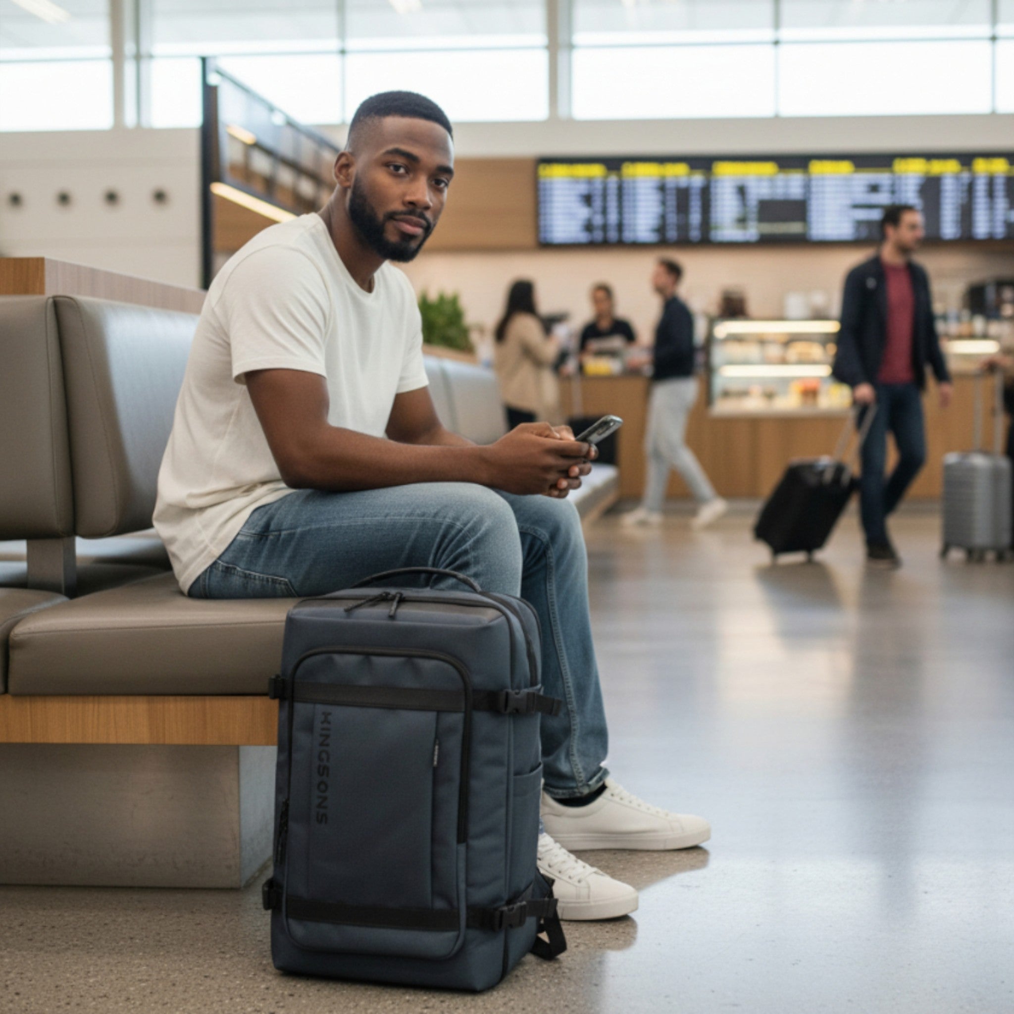 Homme en attente dans un aéroport avec un sac de voyage souple et compact