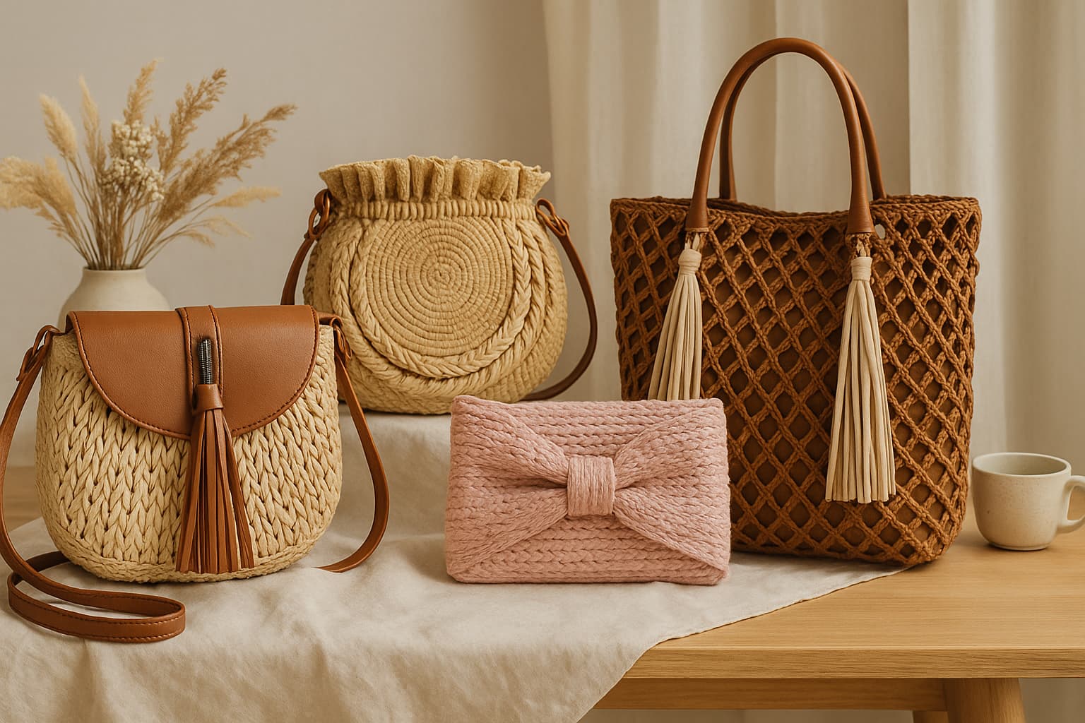 Sacs bohème en paille : sac rond, sac cabas et pochette décorative sur table en bois.