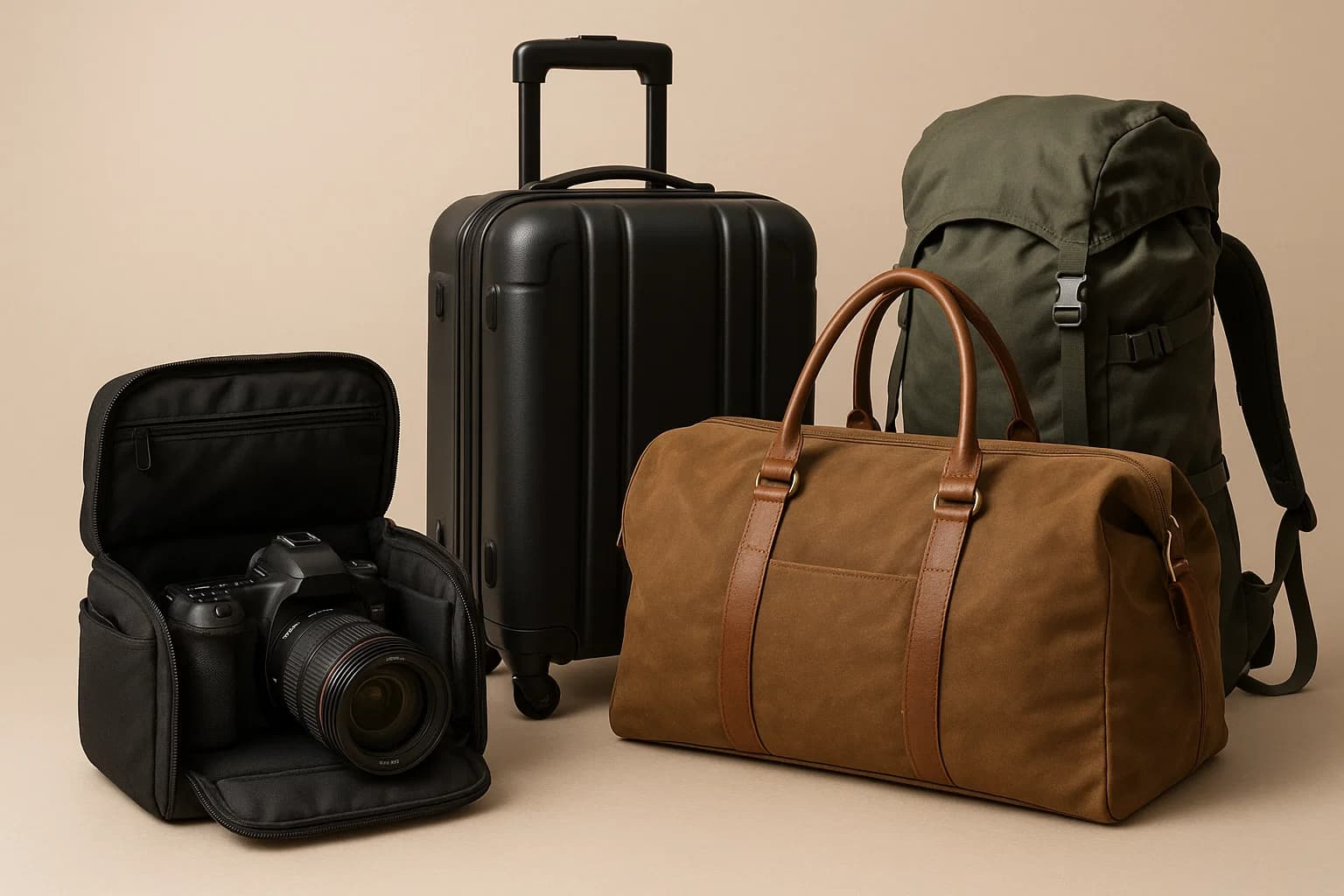 Ensemble de sacs de voyage comprenant une valise cabine noire à roulettes, un sac photo noir avec appareil photo reflex, un sac de voyage marron à anses, et un sac à dos de randonnée gris, posés sur fond beige en studio