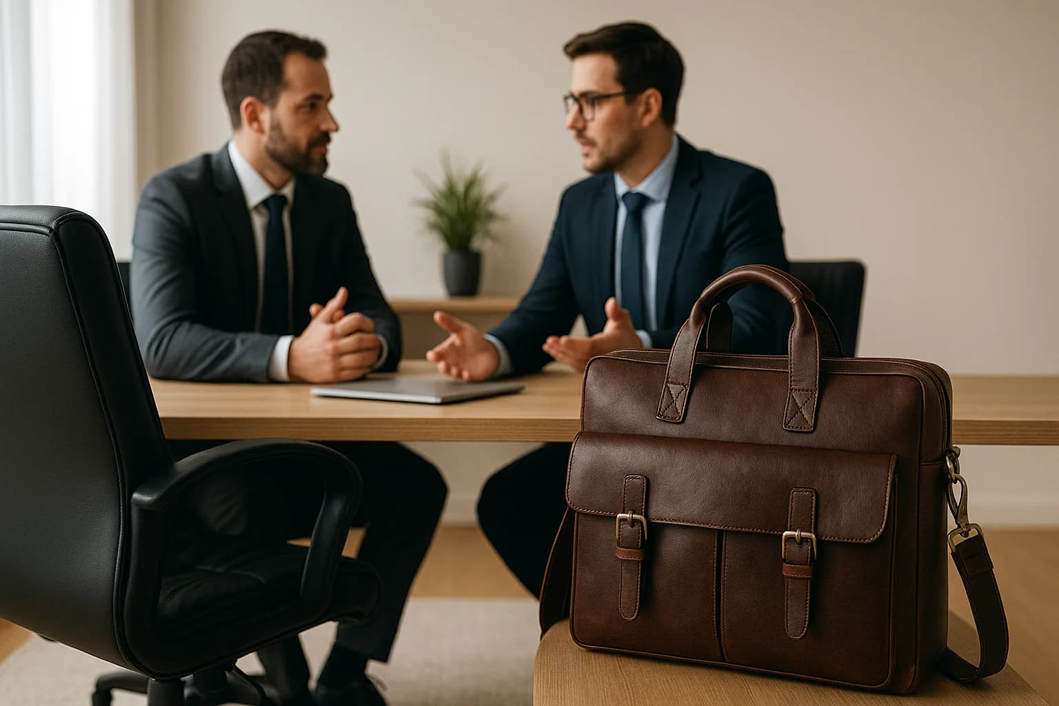 Porte-documents en cuir marron posé sur un bureau, deux hommes en costume discutant