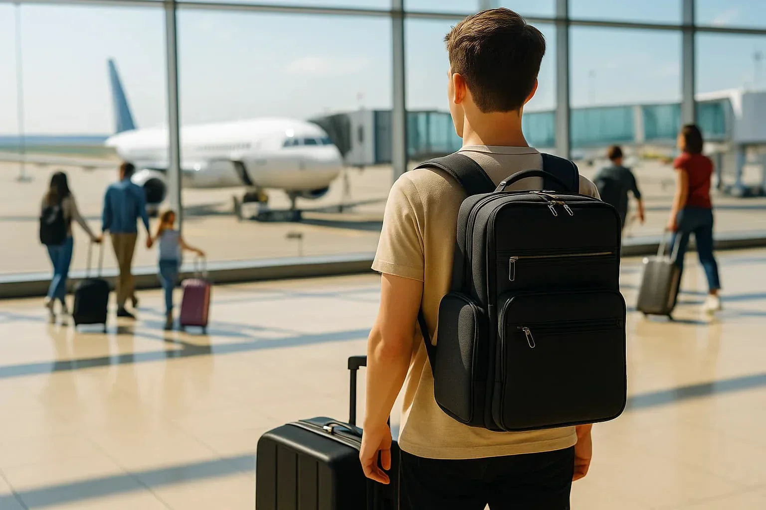 Homme de dos dans un aéroport portant un sac à dos noir, tenant une valise cabine devant une baie vitrée avec avions en arrière-plan.