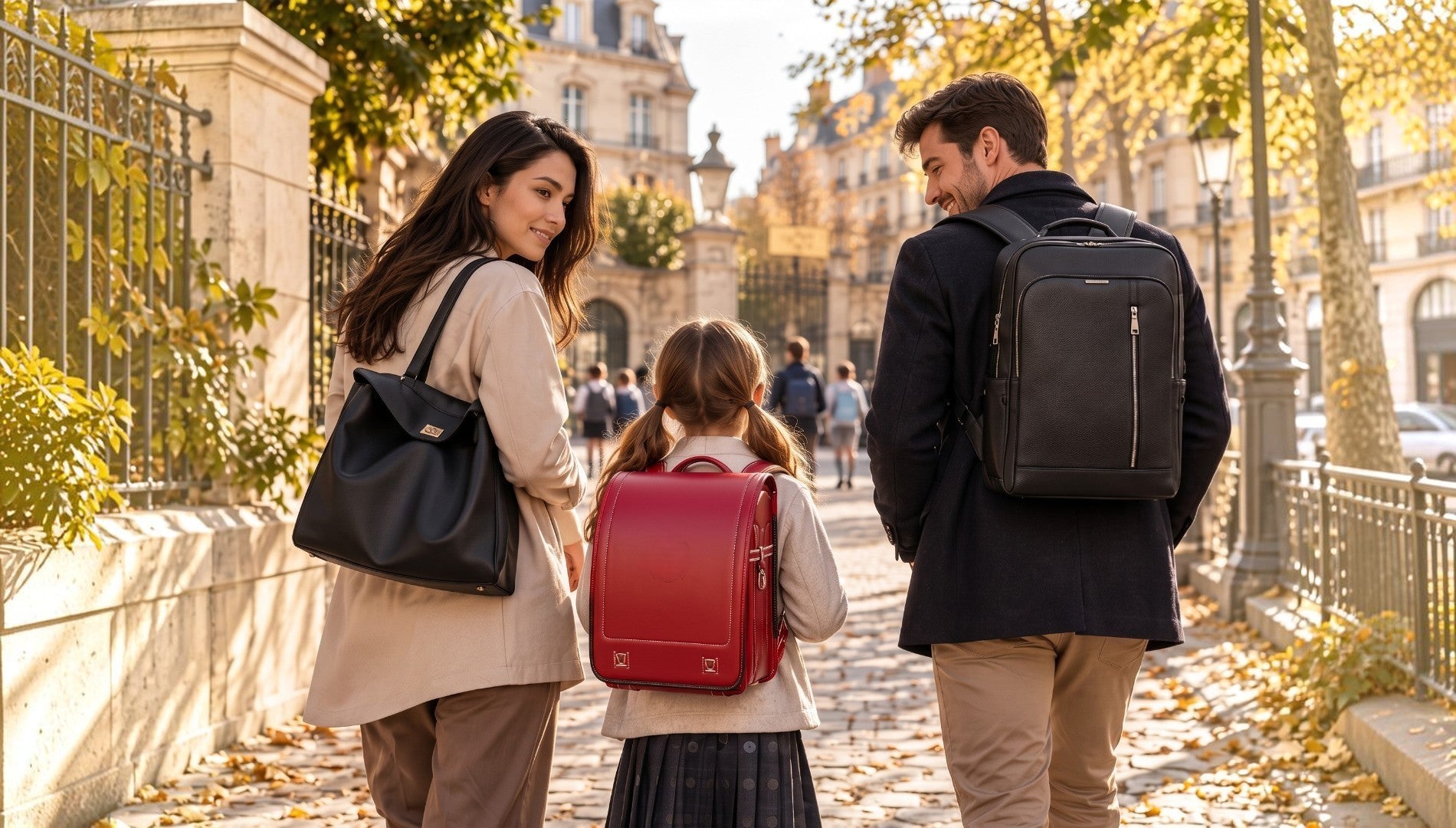Femme, enfant avec Randoseru rouge et homme portant des sacs en automne