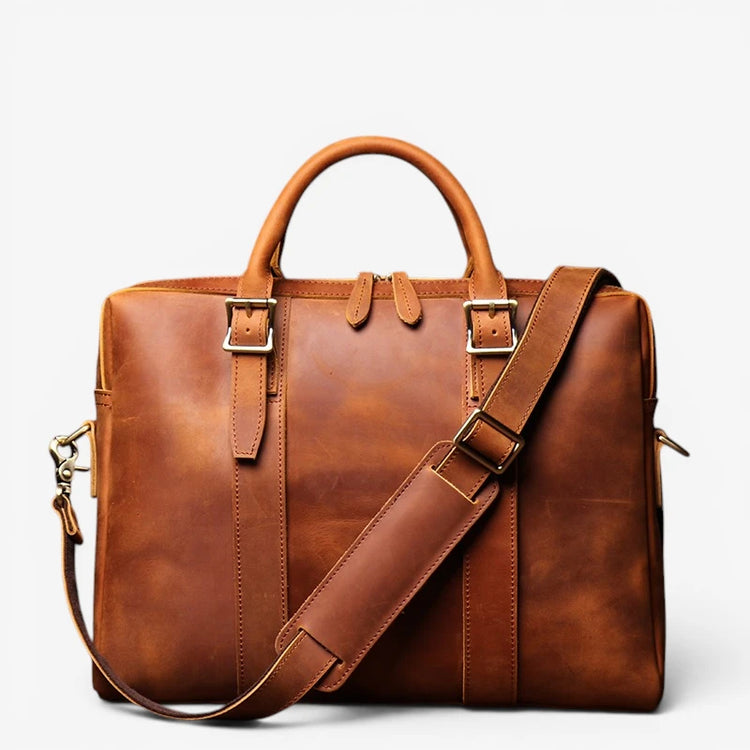 Porte-documents homme en cuir de vachette vintage marron avec bandoulière, compartiments pour ordinateur portable 15 pouces et documents A4