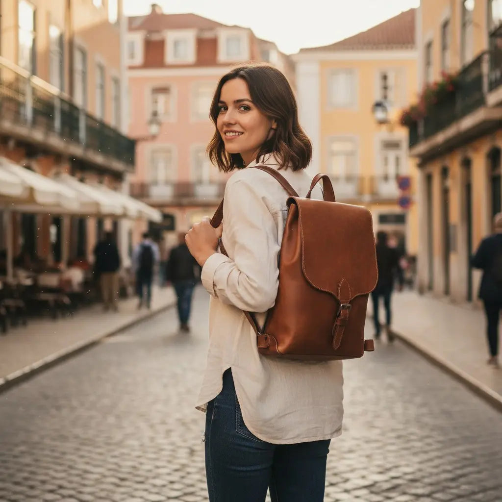 Sac à dos vintage en cuir pleine fleur marron avec boucle frontale porté par une femme.