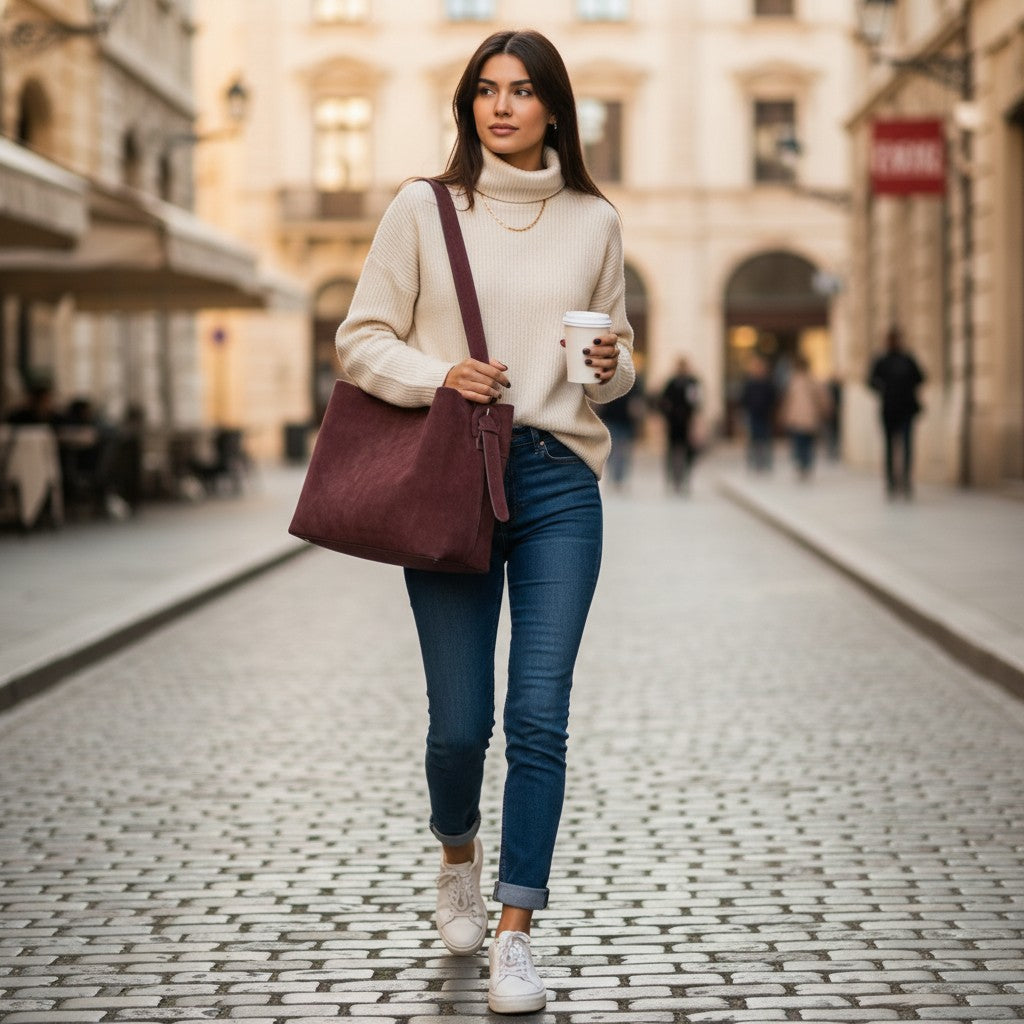 Femme posant en ville avec un sac cabas en daim marron foncé