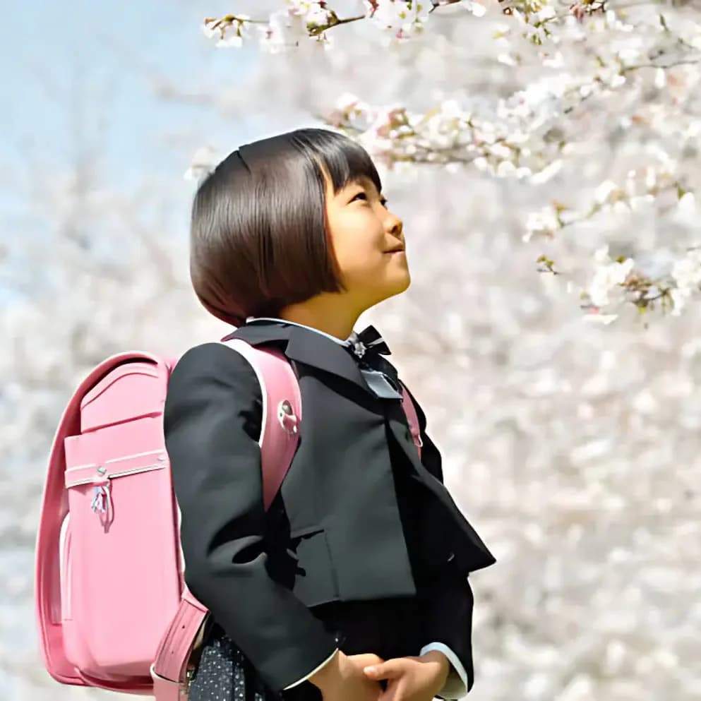 petite fille portant un sac à dos scolaire japonais randoseru sous les cerisiers en fleurs