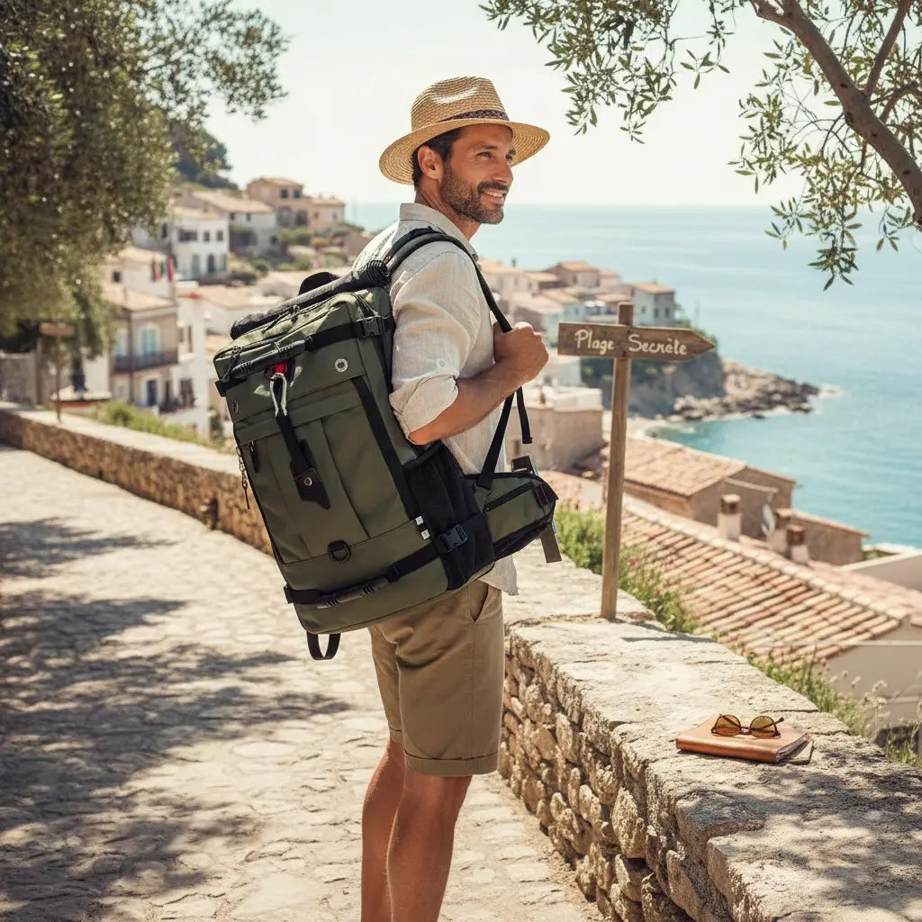 Homme avec sac à dos étanche 50L sur un sentier côtier