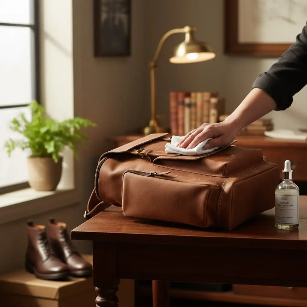 sac en cuir véritable en cours d’entretien avec chiffon et soin protecteur dans un intérieur chaleureux et vintage
