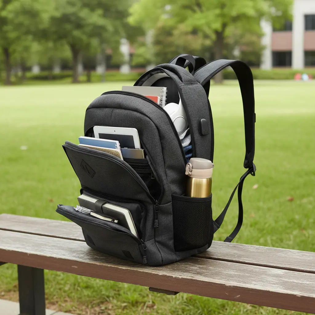 Sac à dos de lycée bien organisé avec ordinateur portable, cahiers, trousse et accessoires