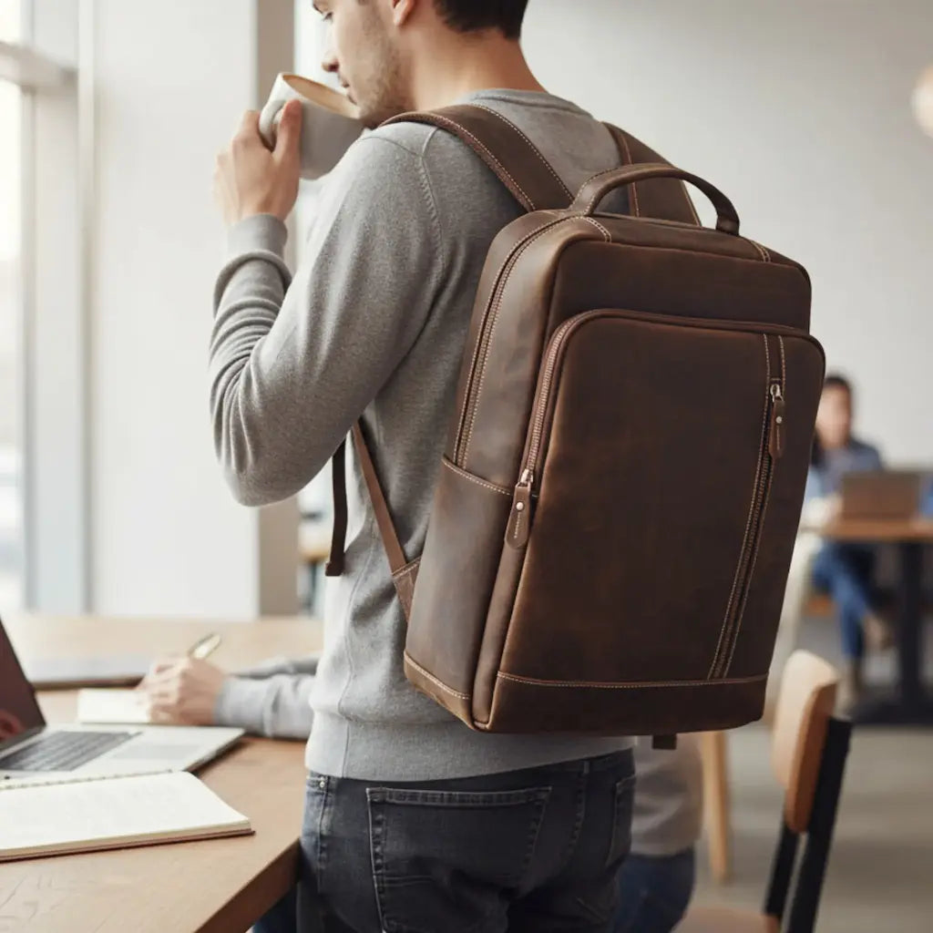 Sac à dos ordinateur marron porté dans le dos – style professionnel