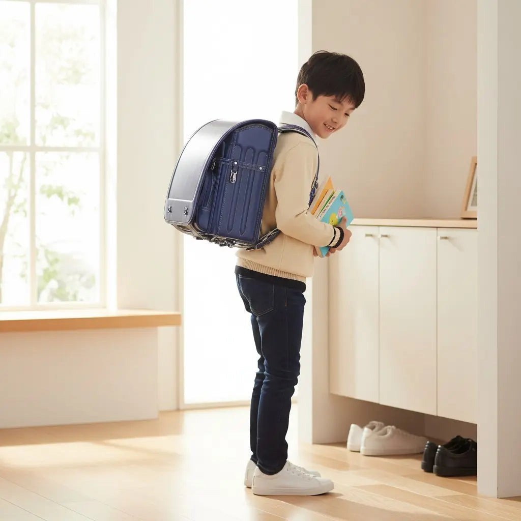 Sac à dos japonais Randoseru GPS porté par un garçon en intérieur.