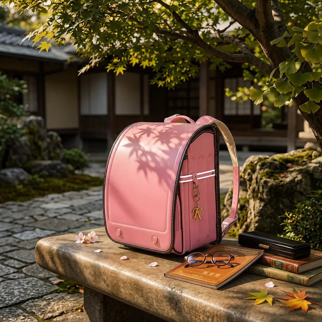 Cartable japonais Randoseru rose posé dans un jardin japonais avec fournitures scolaires