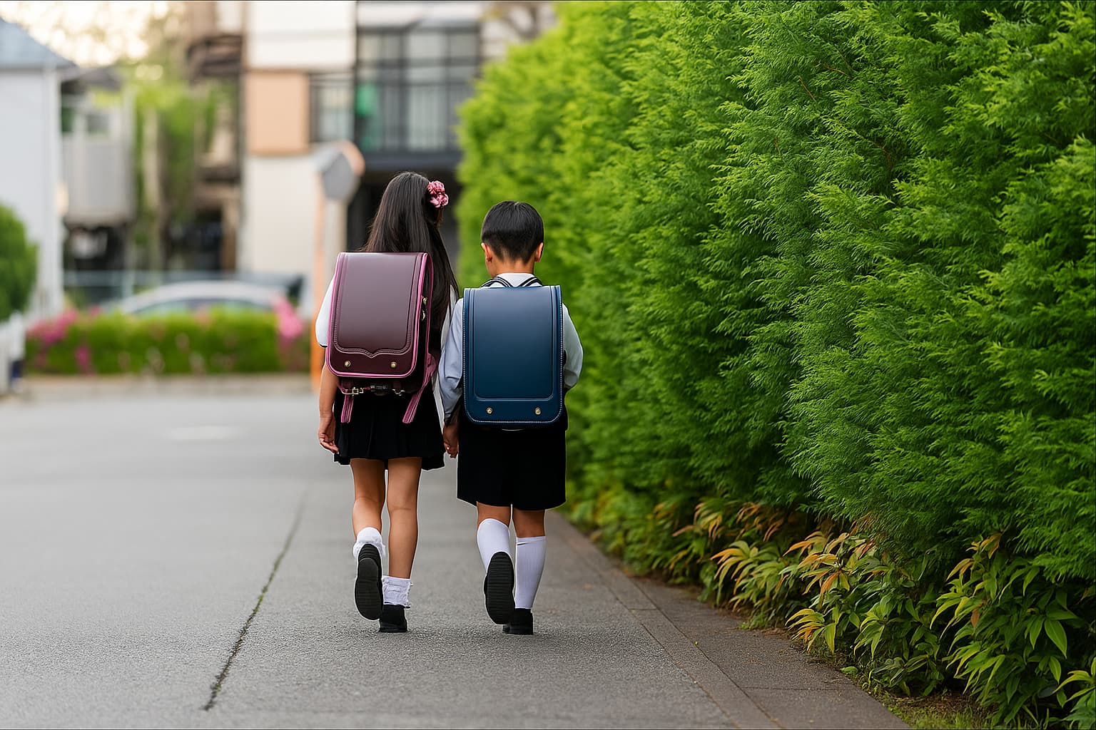 Deux enfants portant un sac japonais Randoseru, marchant sur le chemin de l’école