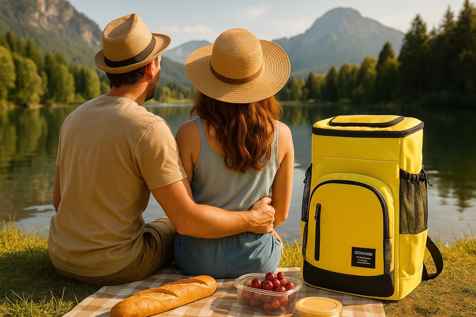 Couple en pique-nique au bord d’un lac avec un sac à dos isotherme jaune de 30L posé sur une couverture