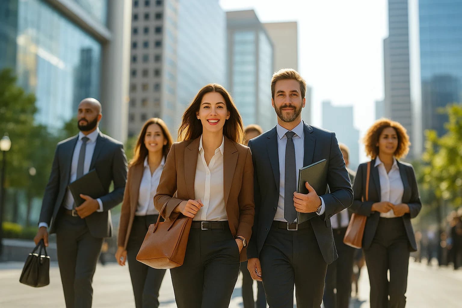 Hommes et femmes marchent dans un centre d'affaire portant des housses et sacs pour ordinateur portable