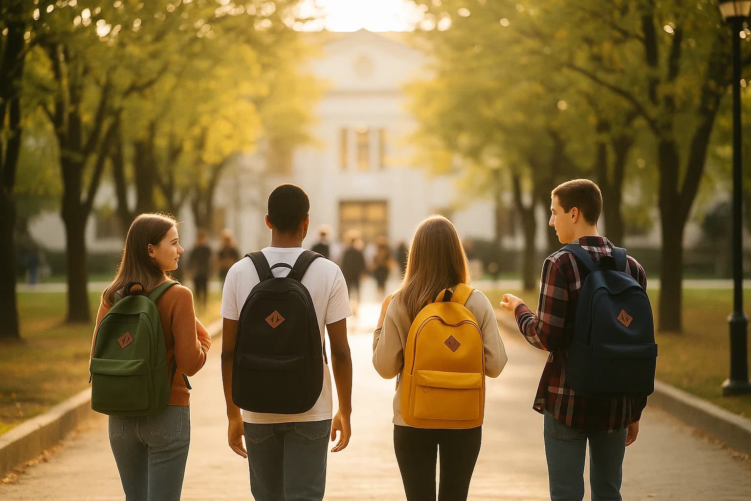 quatre lycéens portant des sacs à dos colorés dans une allée bordée d’arbres en automne