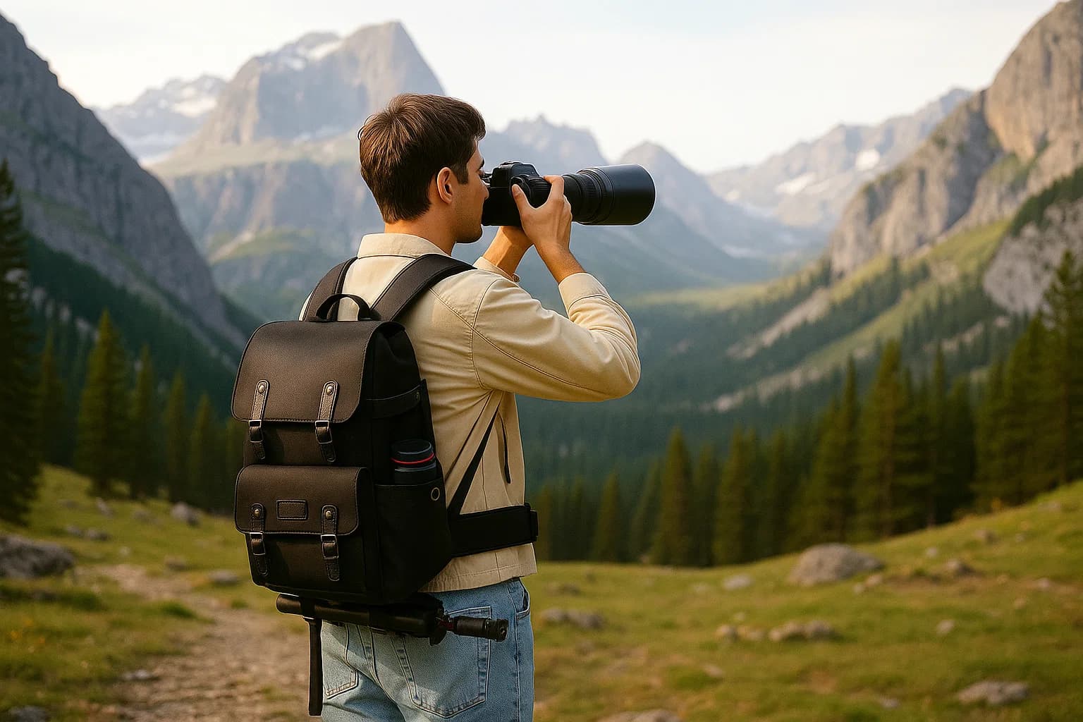 Photographe en randonnée avec sac à dos photo noir, trépied fixé dessous et appareil en main devant un paysage de montagne