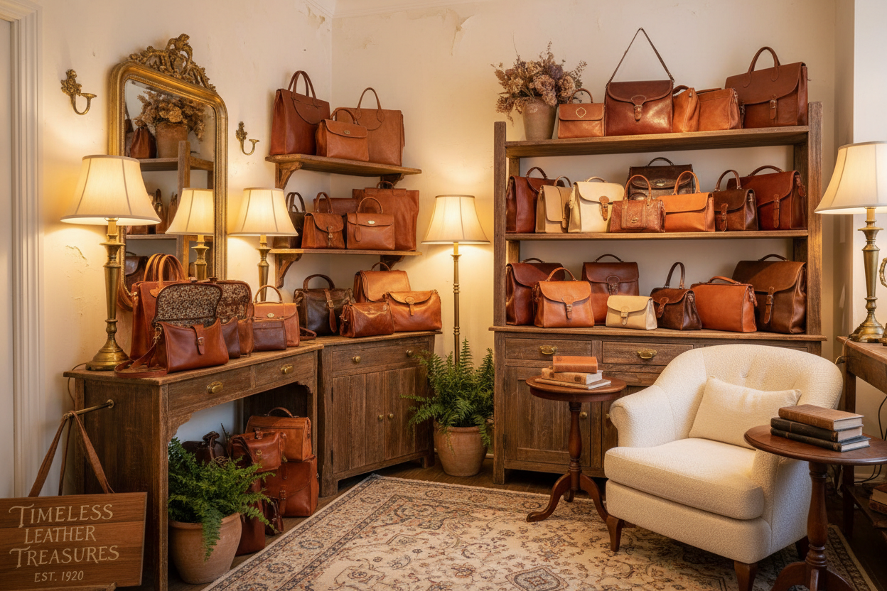 Collection de sacs en cuir vintage dans une ambiance chaleureuse et vintage