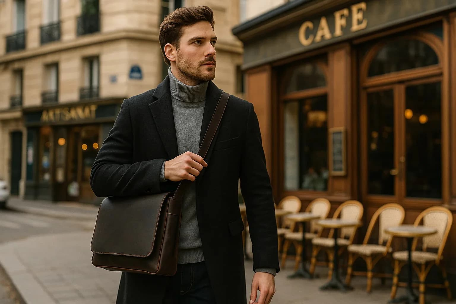 Homme élégant en manteau noir portant un sac bandoulière marron devant un café.
