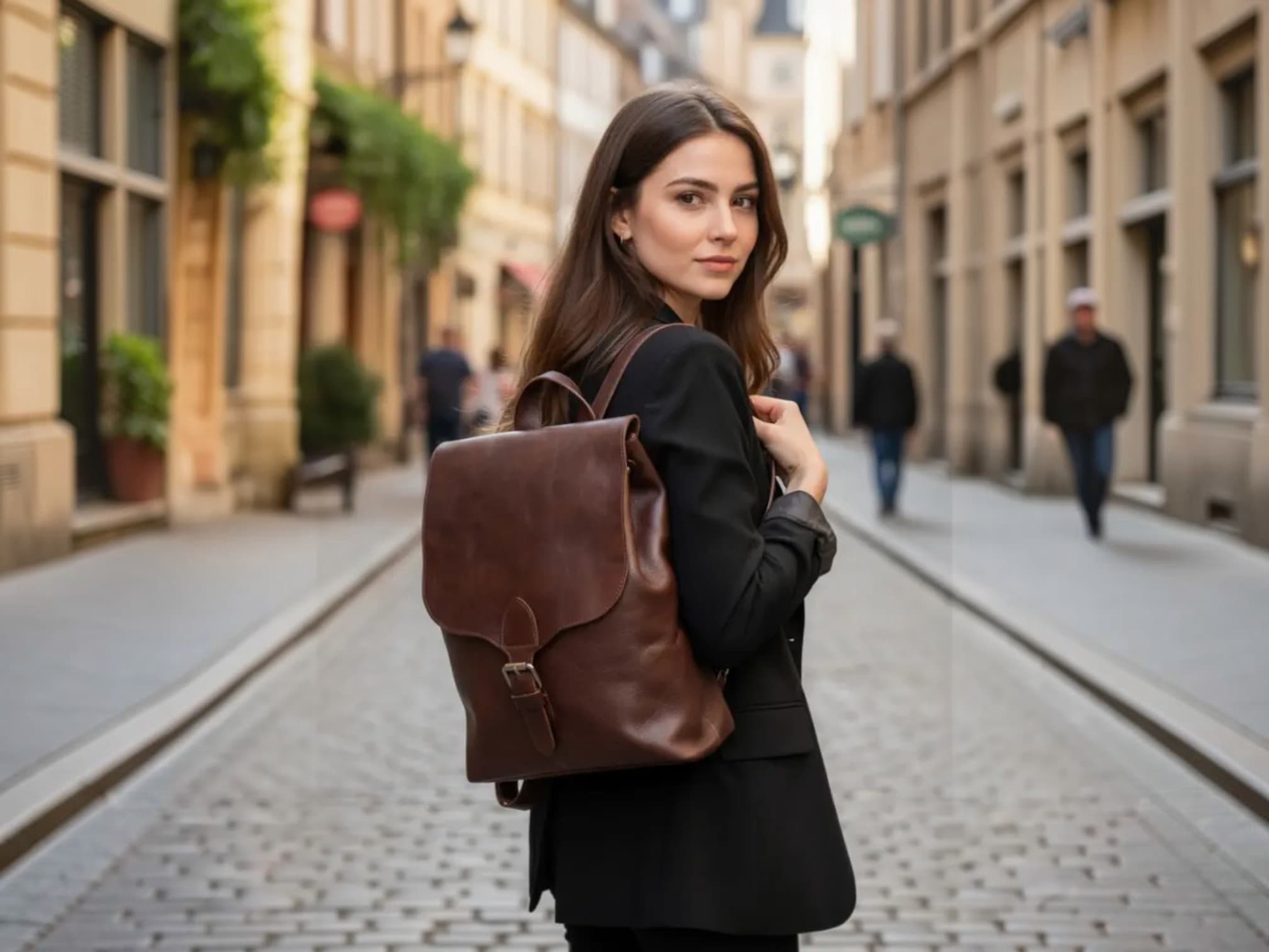Femme portant un sac à dos en cuir marron, tenue chic et look citadin.