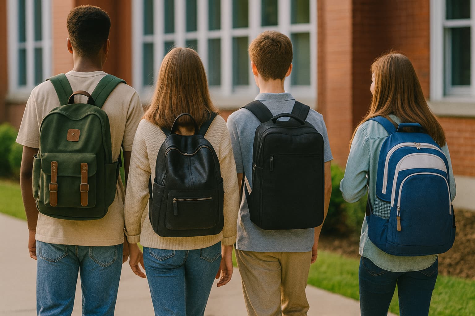 Quatre adolescents portant des sacs à dos scolaires devant un bâtiment en briques