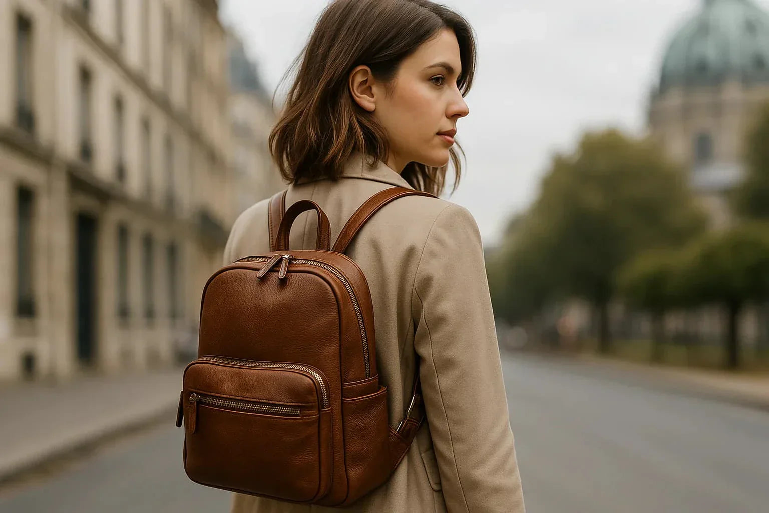 Femme de profil portant un sac à dos en cuir marron dans une rue urbaine