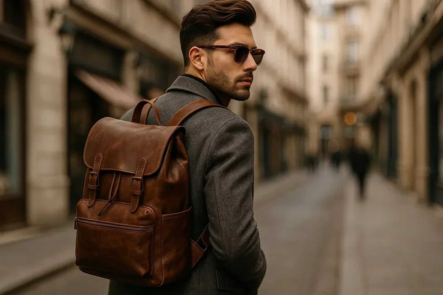 Homme portant un sac à dos en cuir marron, marchant dans une rue urbaine floue en arrière-plan.