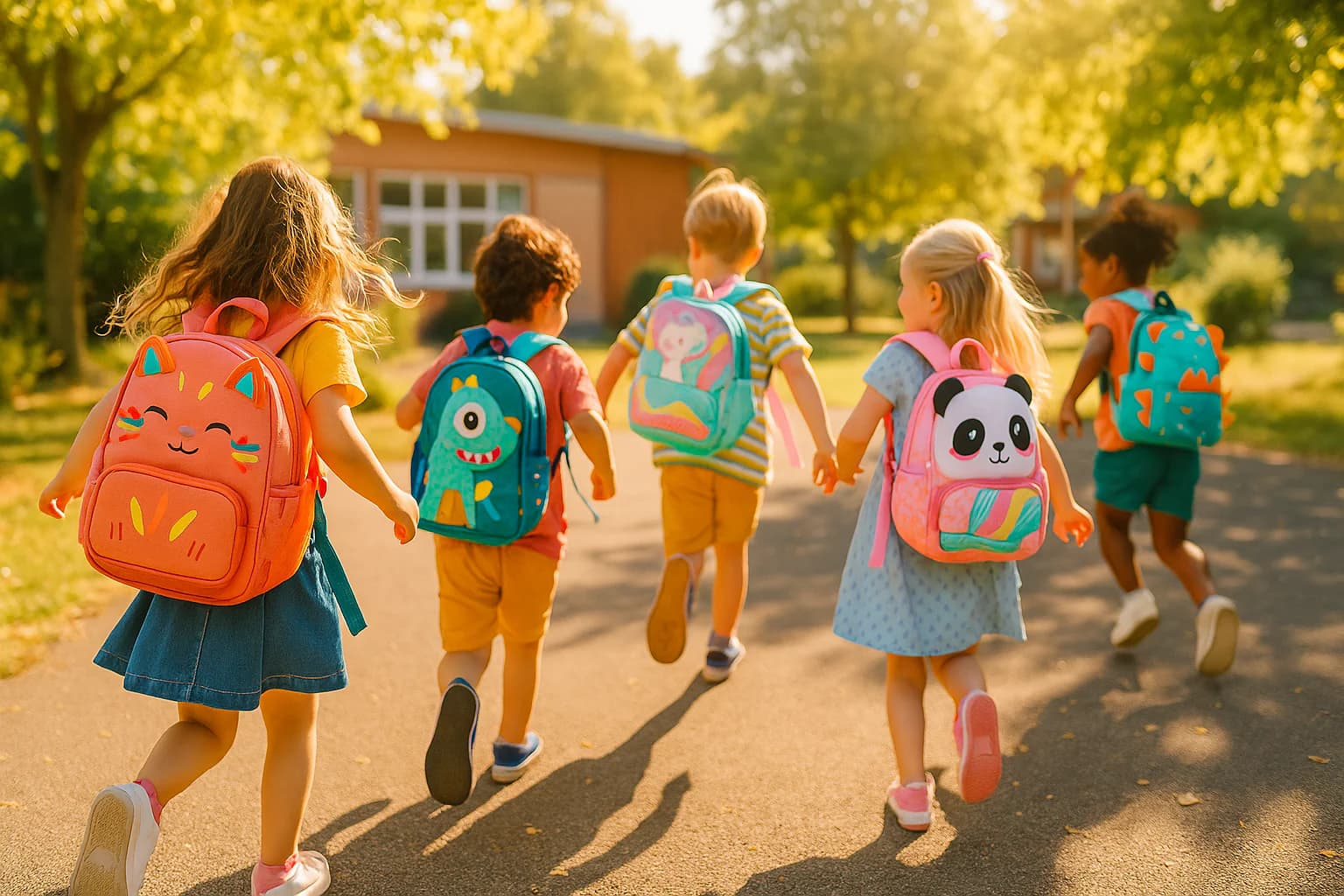 Enfants portant des sacs à dos animaux colorés pour la maternelle