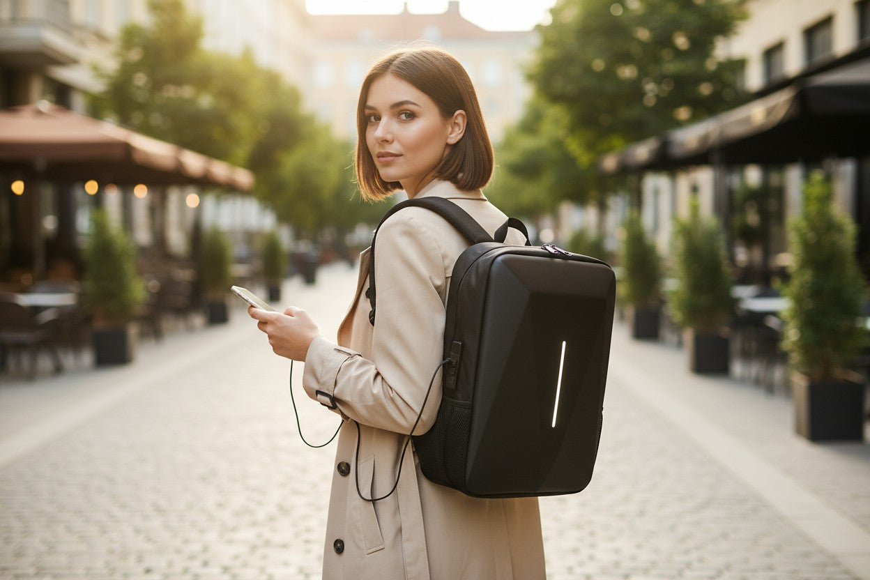 Une femme dans une rue pavée d'une ville porte un sac à dos pour ordinateur portable