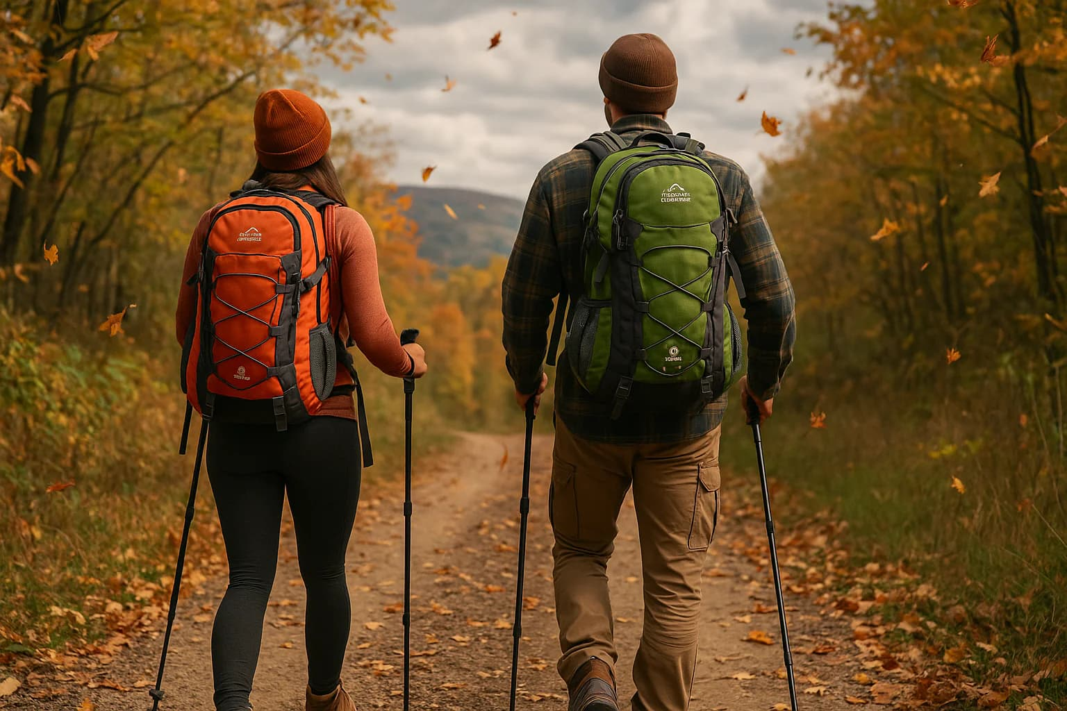 Deux randonneurs portant des sacs à dos de randonnée rouges et verts en forêt 