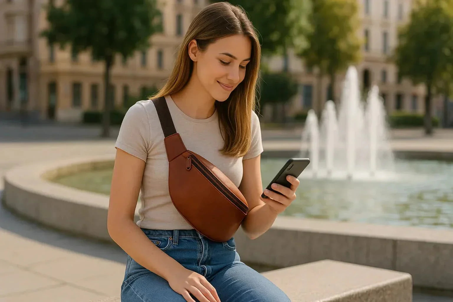 Femme assise près d’une fontaine, portant un sac banane marron en bandoulière et regardant son téléphone.