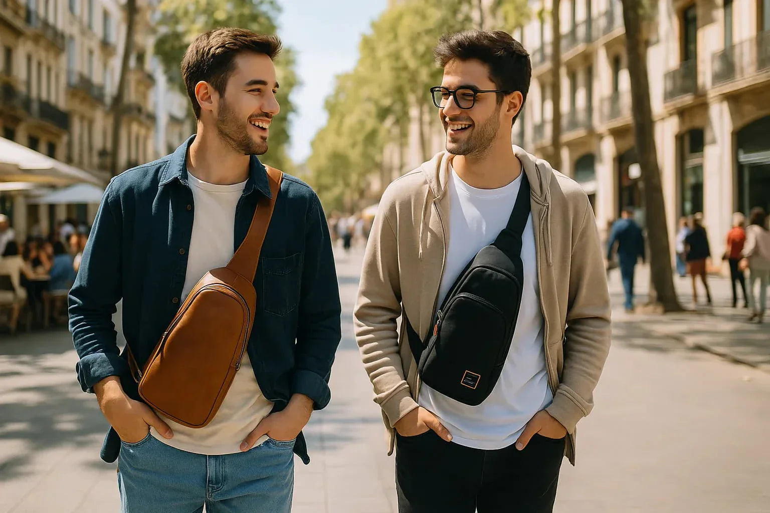 Deux hommes marchant en ville, chacun portant un sac banane en bandoulière, l’un marron et l’autre noir.