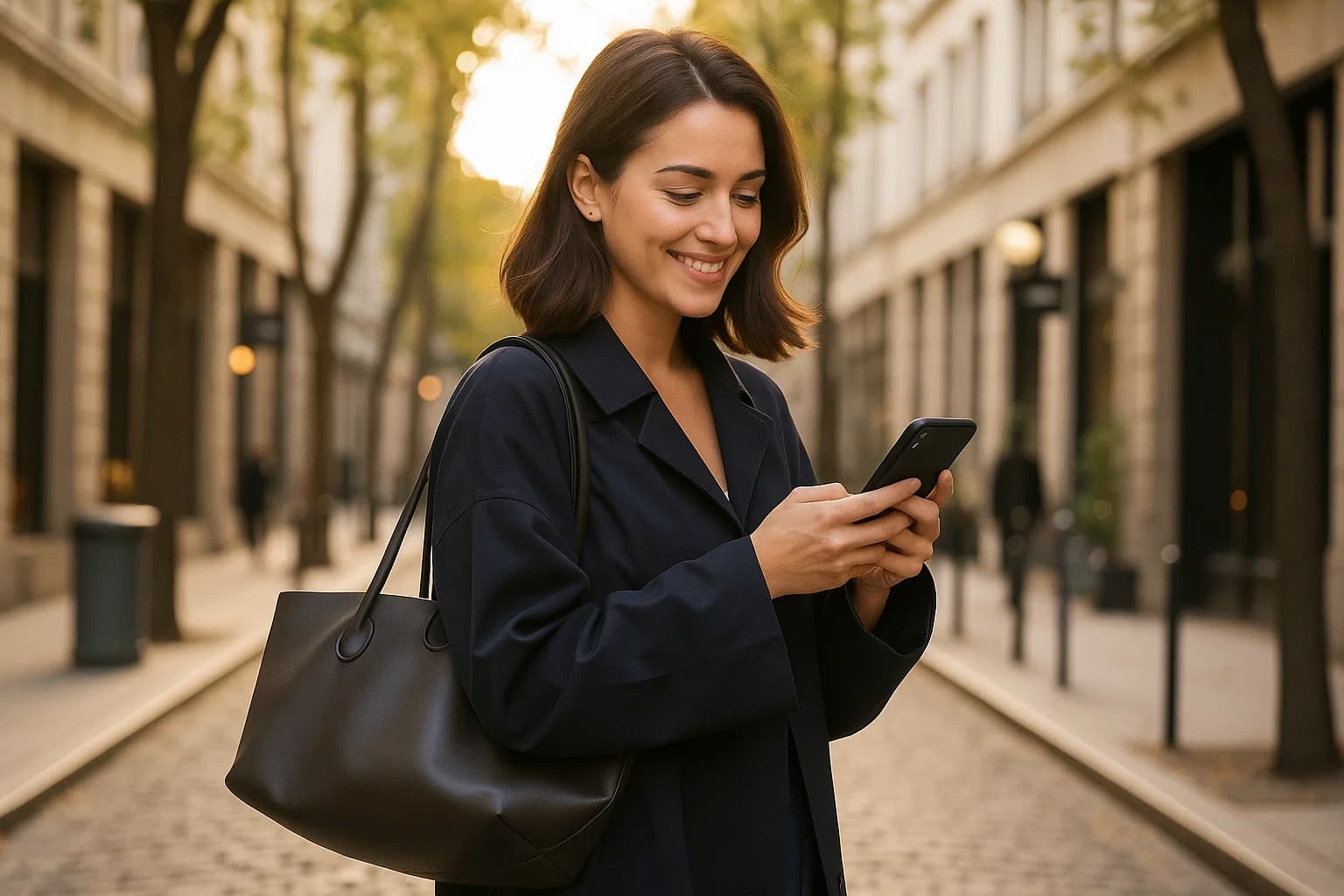 Jeune femme portant un sac cabas en cuir noir dans une rue pavée d'une grande ville 