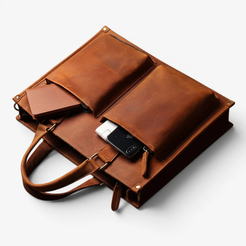 Porte-documents homme en cuir de vachette avec téléphone et accessoires professionnels