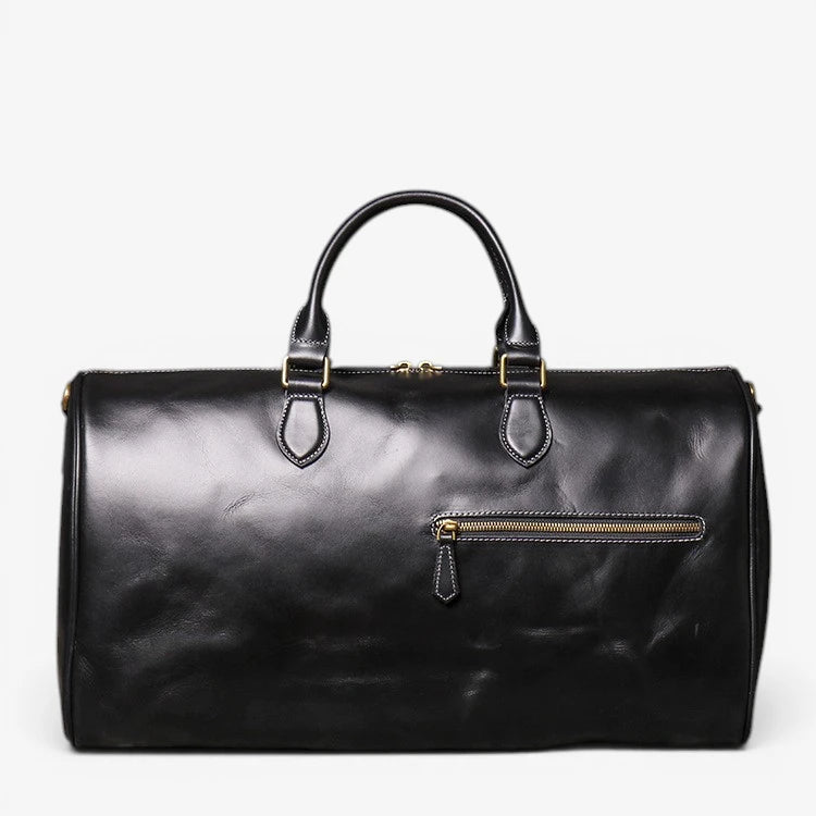 Sac de voyage en cuir de vachette pleine fleur noir avec poignées et bandoulière