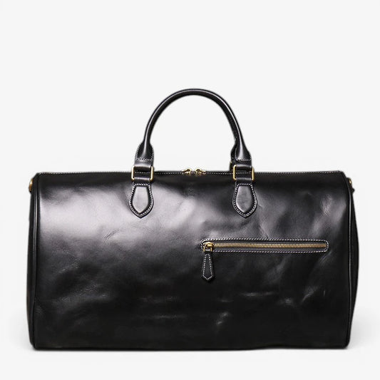 Sac de voyage en cuir de vachette pleine fleur noir avec poignées et bandoulière
