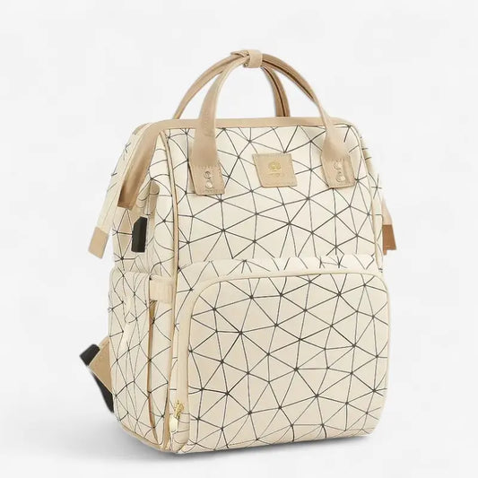 Sac à dos à langer beige géométrique grande capacité avec poches multiples