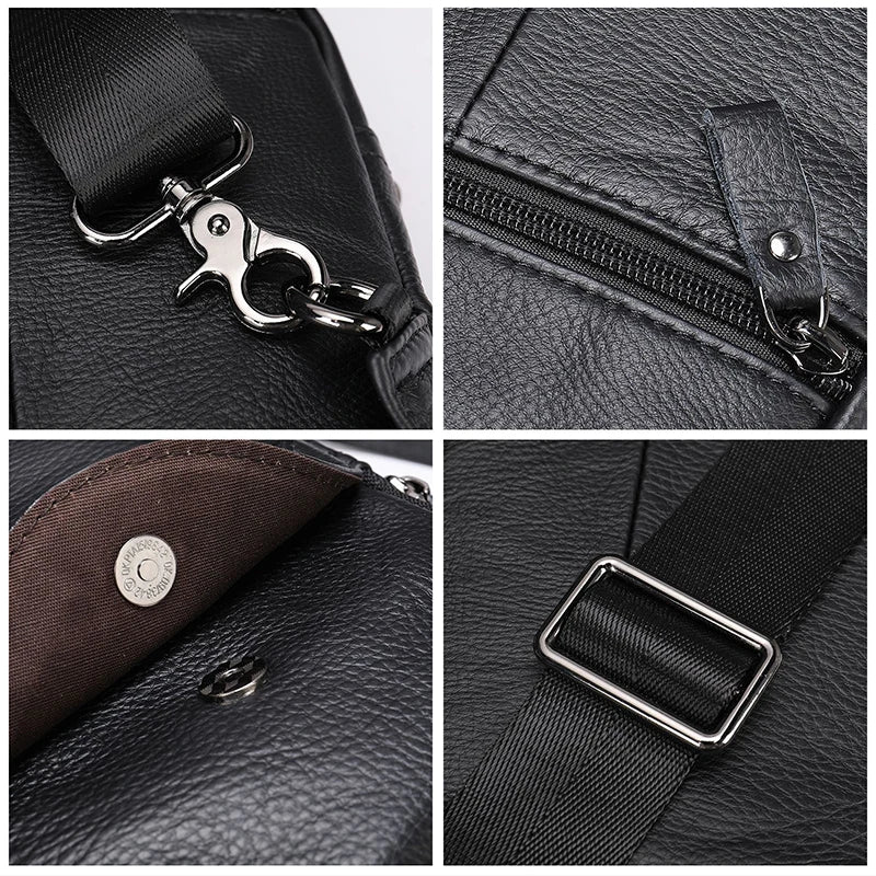 Détails du sac de poitrine en cuir noir pour homme – mousqueton, fermeture, doublure, sangle
