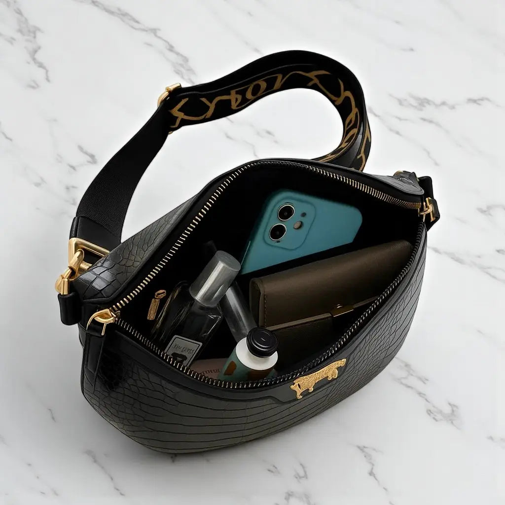 Sac banane femme en cuir synthétique noir motif croco avec chaîne dorée ouvert, vue intérieure avec accessoires