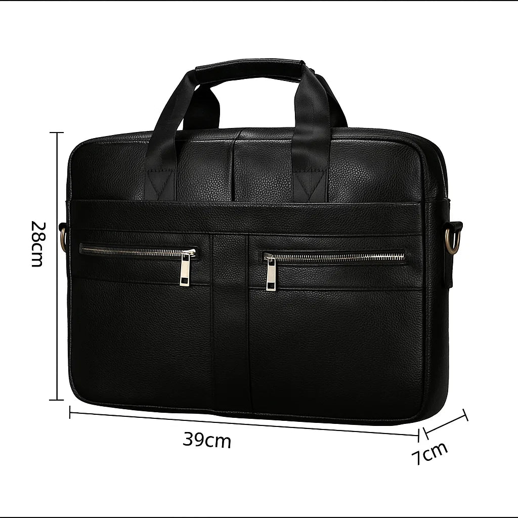 Dimensions du sac ordinateur noir en cuir véritable : 39 × 29 × 7 cm
