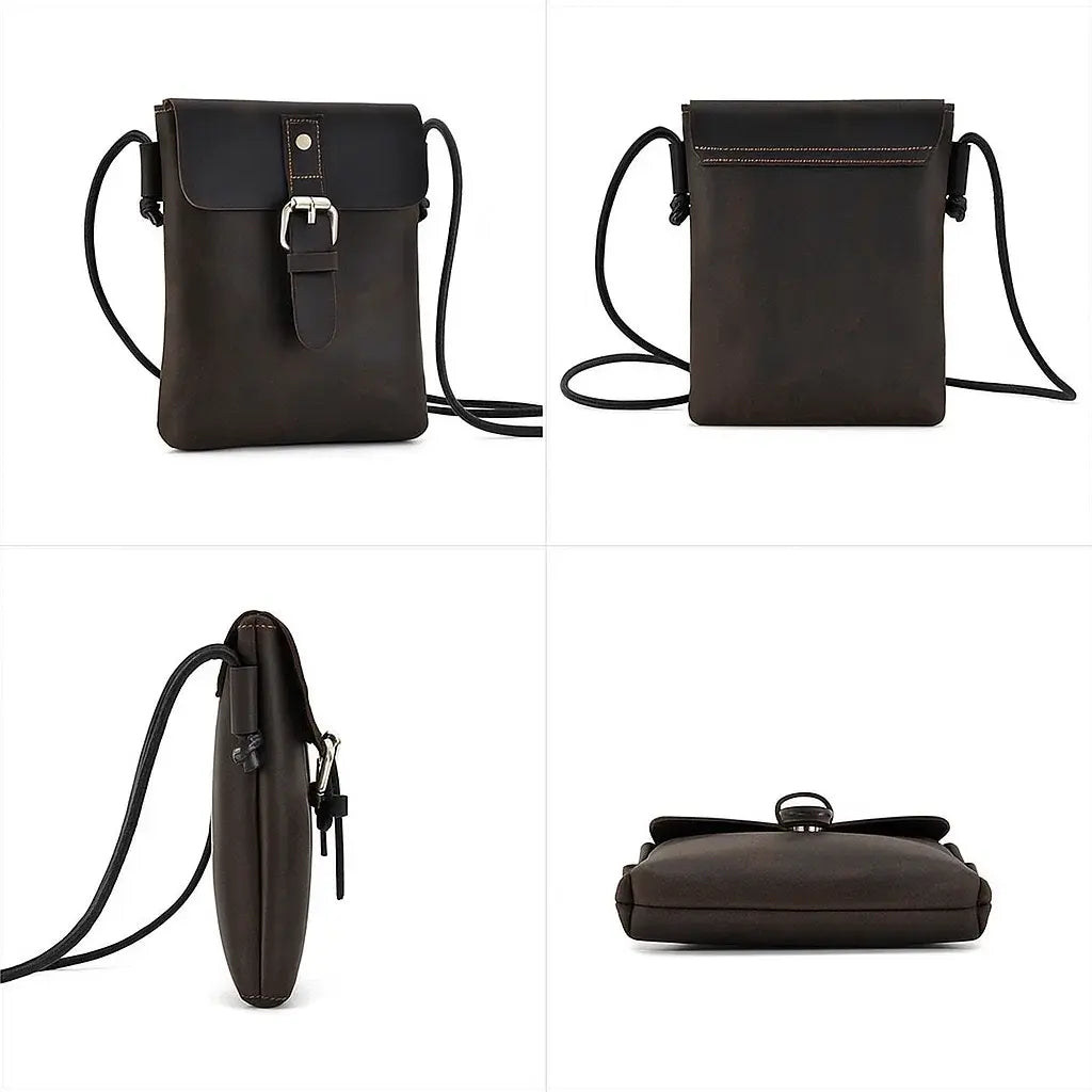 Pochette à bandoulière en cuir vintage marron vue avant, arrière, profil et dessous