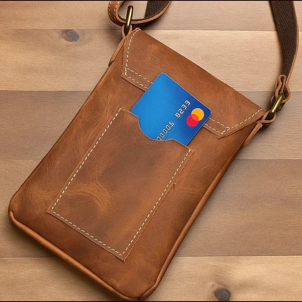 Sac bandoulière en cuir marron clair avec poche arrière ouverte