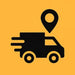 Icône camion noir sur fond orange avec repère de localisation représentant la livraison suivie
