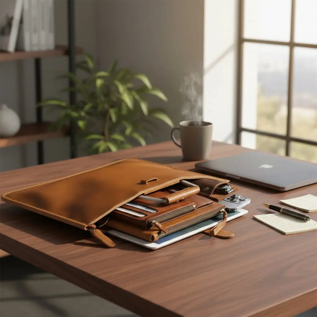 Porte-documents en cuir marron ouvert avec ordinateur portable 13 pouces, documents et accessoires