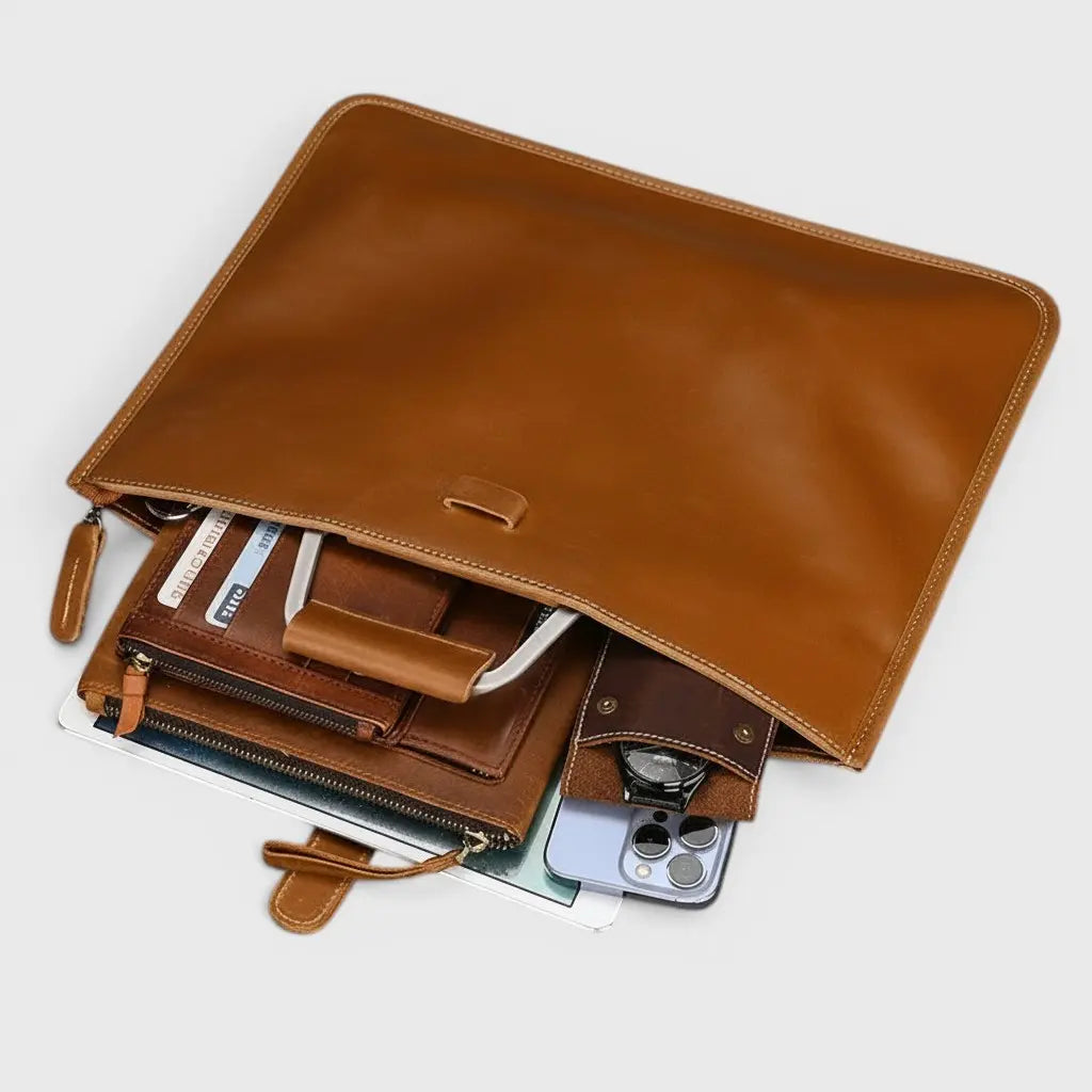 Porte-documents en cuir marron pouvant accueillir un ordinateur portable 13 pouces, des documents et des accessoires