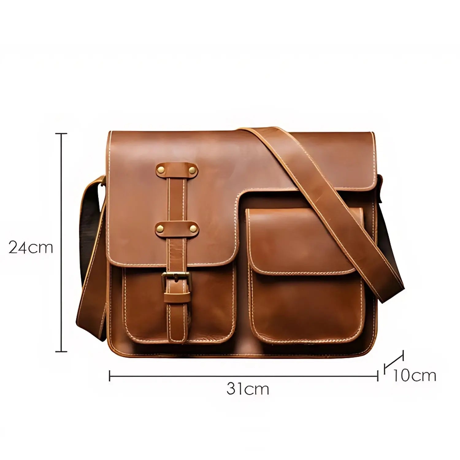 Cartable homme en cuir marron clair avec bandoulière et dimensions 31x24x10 cm