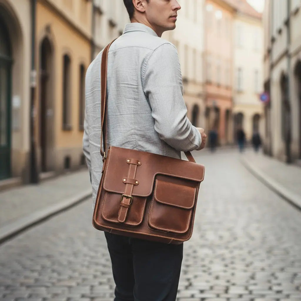 Homme portant un cartable en cuir marron clair, look vintage dans une rue pavée.